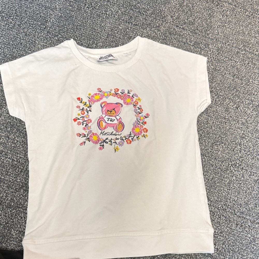 Moschino White Tee with Pink Teddy and Floral Wreath